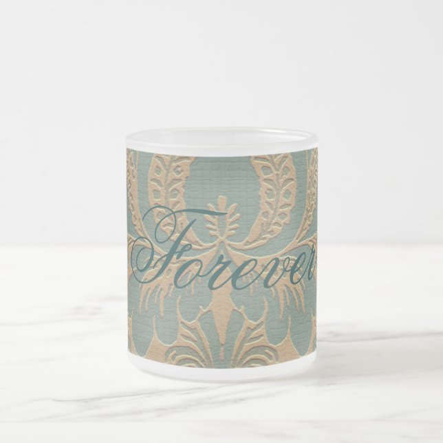 Teal Beige Damask Frostad Glasmugg (Center)