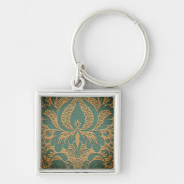 Teal Beige Damask Keychain Fyrkantig Silverfärgad Nyckelring