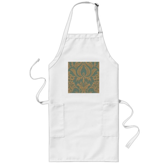 Teal Beige Damask Long Apron Långt Förkläde (Framsidan)