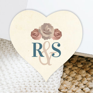 Teal, Beige, Dusty Rosa Monogram Heart Sticker Hjärtformat Klistermärke