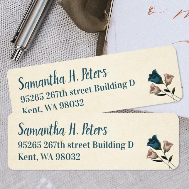 Teal, Beige Garden Ro e-postetiketter Returadress Etikett (Teal, ivory, off white address labels with roses, teal script writing, simple roses)