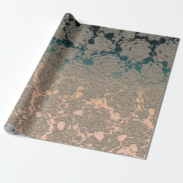 Teal Beige Succulent Blommigt Metallic Mönster Presentpapper (Utrullad)