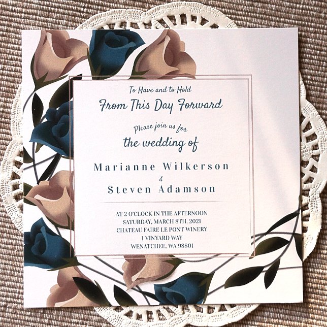 Teal, Beige Vintage Ro bröllopsinbjudan Inbjudningar (Teal and Beige Botanical Rose Garden Wedding Invitations, Rose Border)