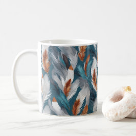 Teal, Beige, White & Grått Feather Coffee Mugg