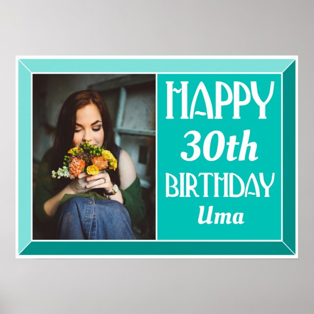 Teal Beveled Art Deco Birthday Photo Poster (Framsidan)