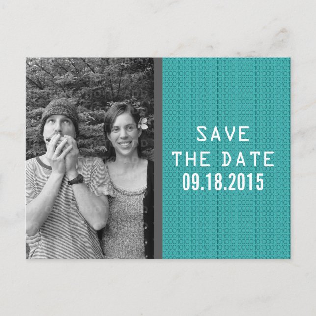 Teal Binary Code Photo Save Date Postcard Meddelande Vykort (Framsida)