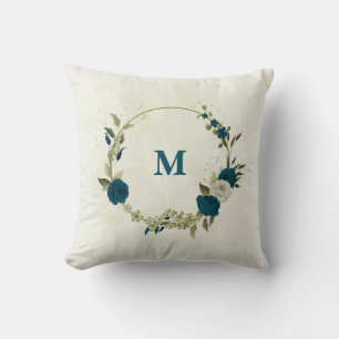 teal blå beige blommig kudde