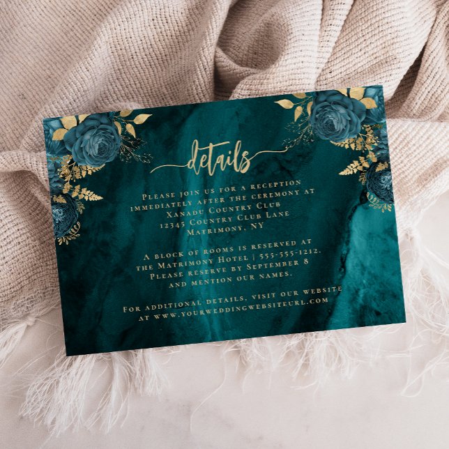 Teal Blå Guld Agat Blommig Bröllopsinformation Tilläggskort (Skapare uppladdad)