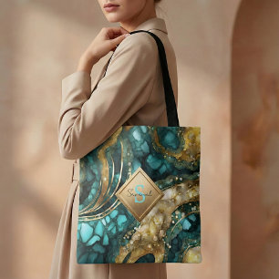 Teal Blå Guld Agat Geod Marmor Monogram Namn Tygkasse