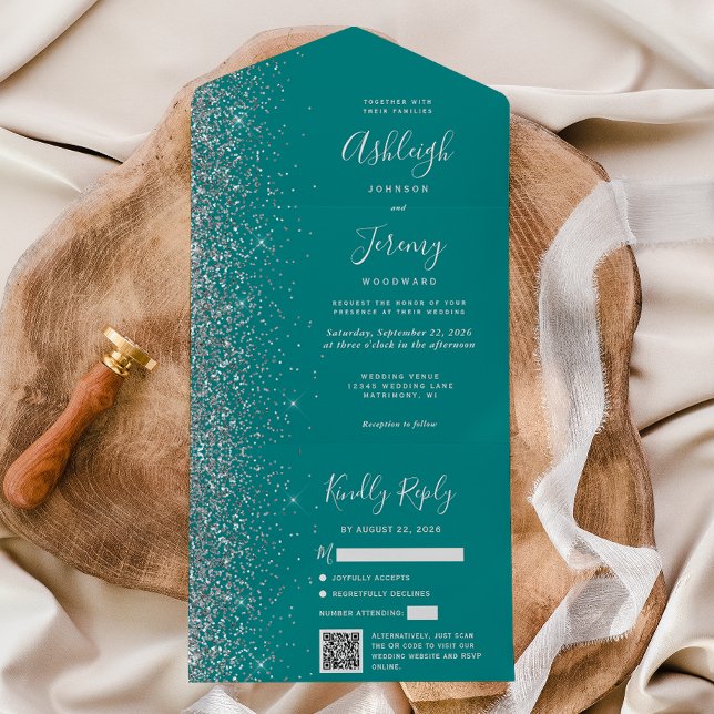 Teal Blå Silver Glitter QR-kod Bröllop (Skapare uppladdad)