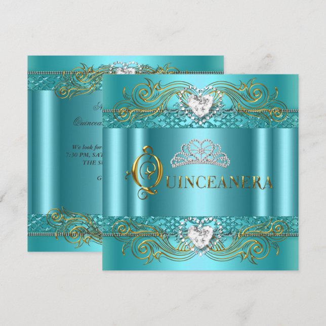 Teal Blå Silver Guld Quinceanera Födelsedagsfest Inbjudningar (Fram/baksida)