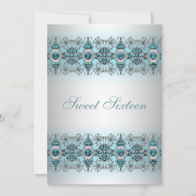 Teal Blå Silver Spets Sweet Sixteen Inbjudan (Framsida)