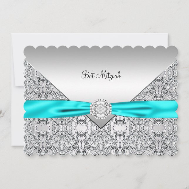 Teal Blå Silver Teal Bat Mitzvah Inbjudningar (Framsida)