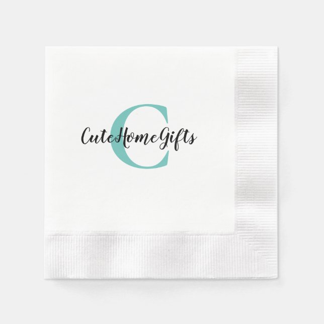 Teal Blå Svart Monogram Namn Cocktail Pappersservett (Framsidan)
