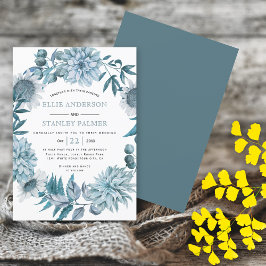 Teal blåa blommor och löv krans bröllop inbjudningar
