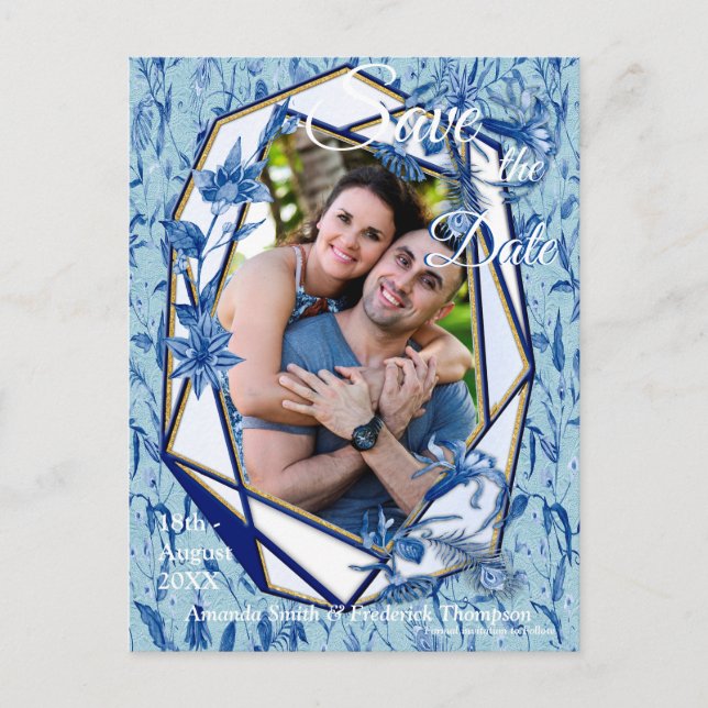 Teal Blåa blommor på ett texturerat skulpturstöd Meddelande Vykort (Framsida)