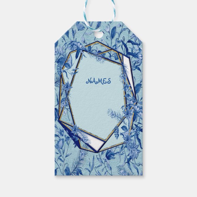 Teal Blåa blommor på ett texturerat skulpturstöd Presentetikett (Framsidan)