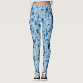 Teal Blåa blommor på skulpturen struktur Leggings