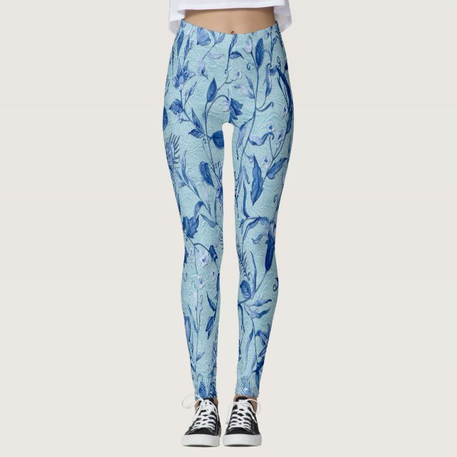 Teal Blåa blommor på skulpturen struktur Leggings (Framsida)