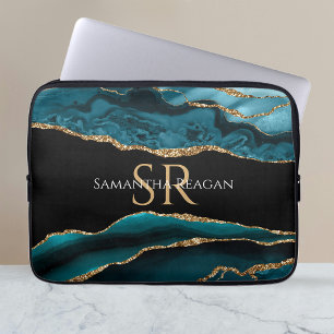 Teal Black and Guld Agate, DIY Namn & Monogram Vs2 Laptop Fodral