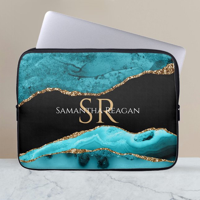 Teal Black and Guld Agate, DIY Namn & Monogram Vs3 Laptop Fodral (Skapare uppladdad)