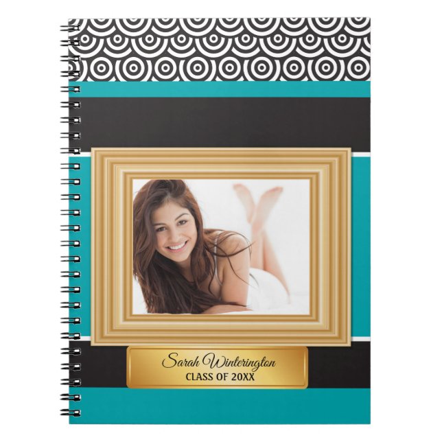 Teal Black and Guld Photo Studenten Year Notebook Anteckningsbok (Framsidan)