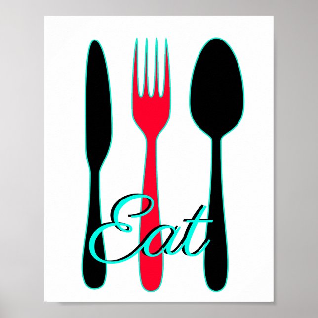 Teal, Black and Red Eat Sign för köket Poster (Framsidan)