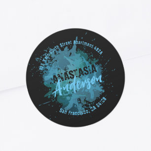 Teal Black Artistic Round Return-adressetikett Runt Klistermärke