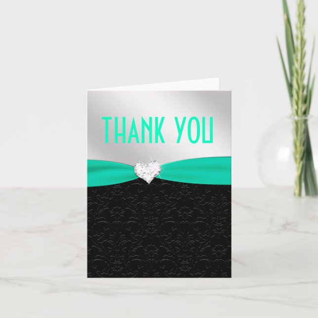 Teal Black Blommigt Damask Diamond Tack Kort (Framsida)