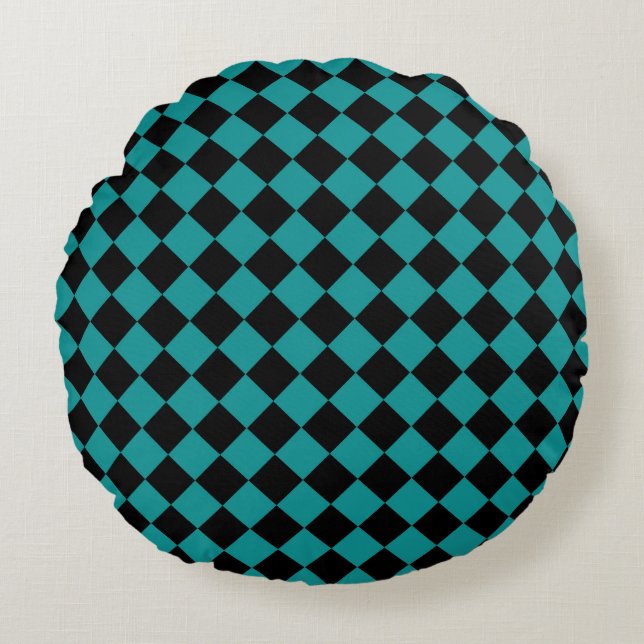 Teal Black Checker Diamond Mönster Rund Kudde (Framsidan)