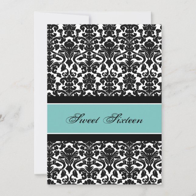 Teal Black Damask 16:e Födelsedagsfest inbjudan (Framsida)