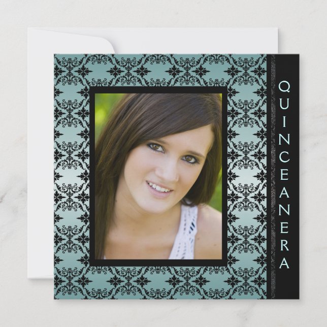 Teal Black Damask Bild Sweet 15 Quinceanera Inbjudningar (Framsida)