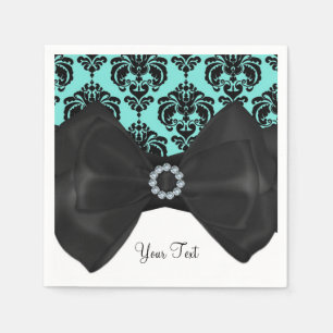 Teal & Black Damask Bling Bow Glam Sweet 16 Party Pappersservett