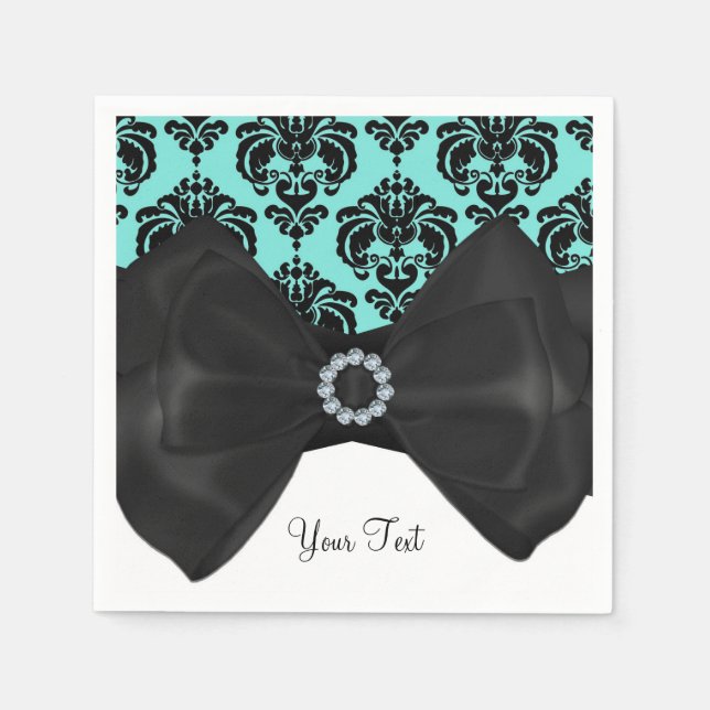 Teal & Black Damask Bling Bow Glam Sweet 16 Party Pappersservett (Framsidan)