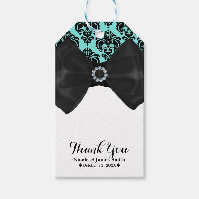 Teal & Black Damask Bling Bow Glam Sweet 16 Party Presentetikett (Framsidan)