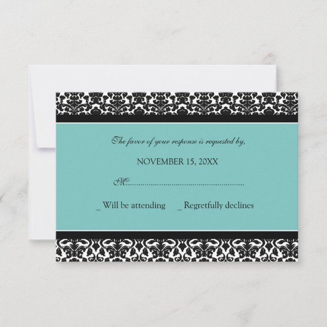 Teal Black Damask OSA Bröllop Card (Framsida)