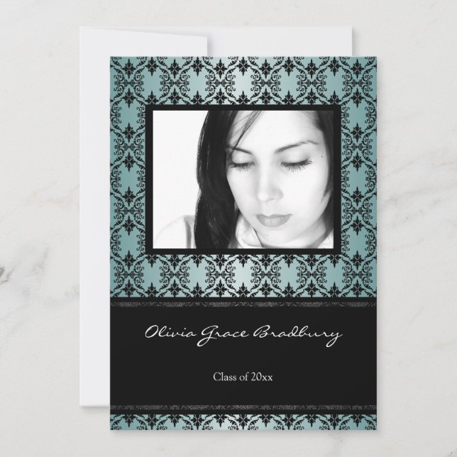 Teal Black Damask Photo Studenten annons Inbjudningar (Framsida)