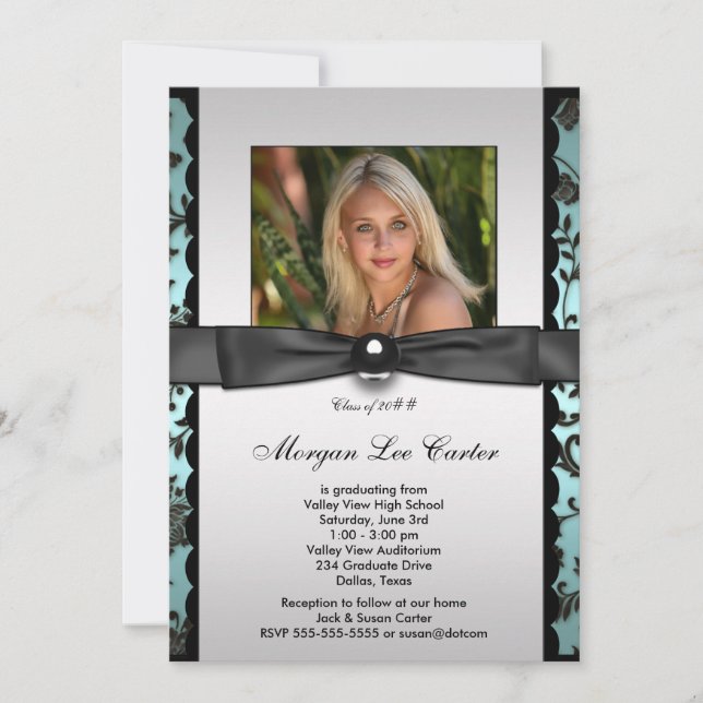 Teal Black Damask Photo Studenten Inbjudningar (Framsida)