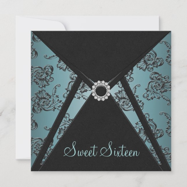 Teal Black Damask Sweet sixteen Party Inbjudningar (Framsida)