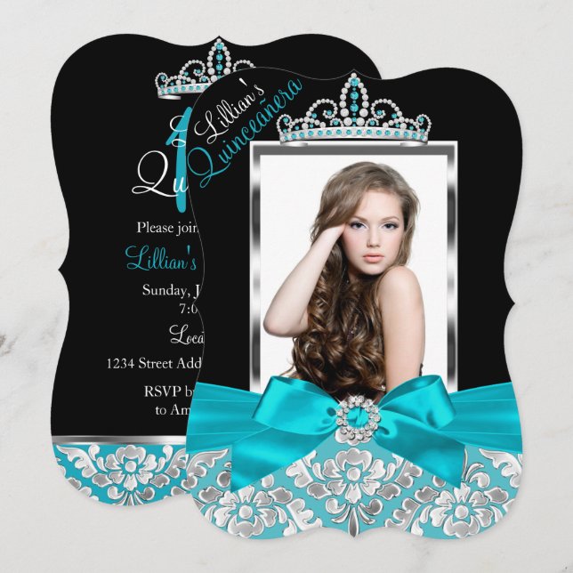 Teal Black Damask & Tiara Photo Quinceanera Inbjud Inbjudningar (Fram/baksida)