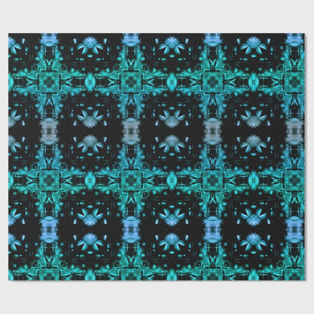 Teal & Black Electric Fractal Kaleidoscope Pattern Presentpapper (Platt)