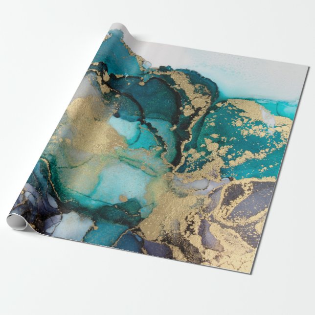 Teal Black Gold Alcohol Ink Fluid Artabstract,art, Presentpapper (Utrullad)
