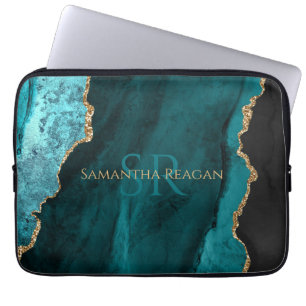 Teal, Black & Guld Agate, DIY Guld Namn & Monogram Laptop Fodral