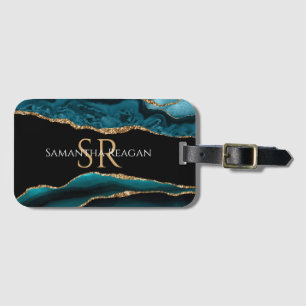 Teal Black & Guld Agate, DIY Namn & Monogram Bagagebricka