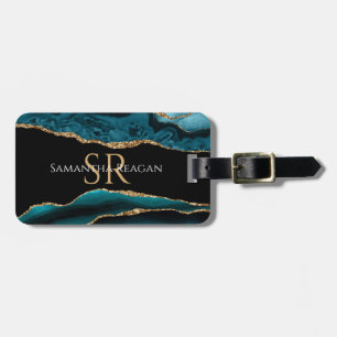 Teal Black & Guld Agate, DIY Namn Monogram & Info Bagagebricka