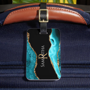 Teal Black & Guld Agate, Namn & Monogram, Vs 2 Bagagebricka