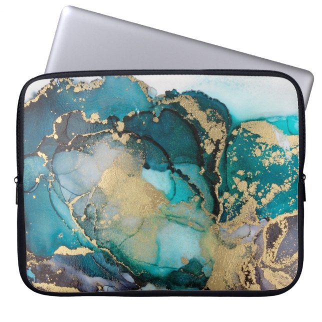 Teal Black Guld Alcohol Bläck Fluid Artabstract,ar Laptop Fodral (Framsidan)