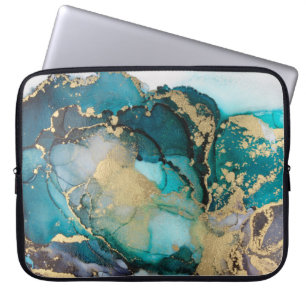 Teal Black Guld Alcohol Bläck Fluid Artabstract,ar Laptop Fodral