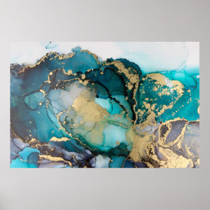 Teal Black Guld Alcohol Bläck Fluid Artabstract,ar Poster