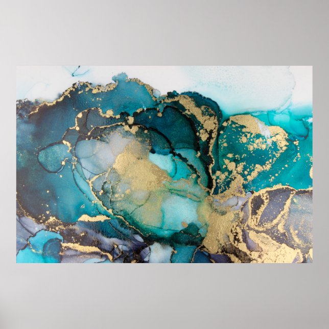 Teal Black Guld Alcohol Bläck Fluid Artabstract,ar Poster (Framsidan)